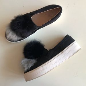 WATERMELON fluffy fur pompoms slip-ons sneakers black